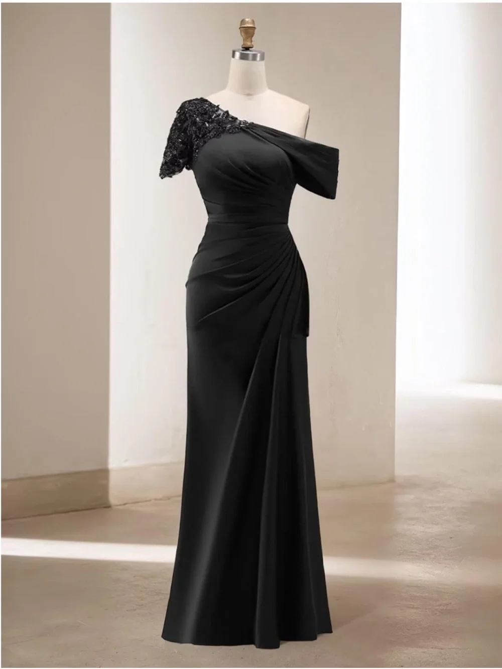 Black Chiffon One Shoulder Gown Corset Lace Back Wedding Guest Formal Dress Sz 4 - Picture 4 of 10